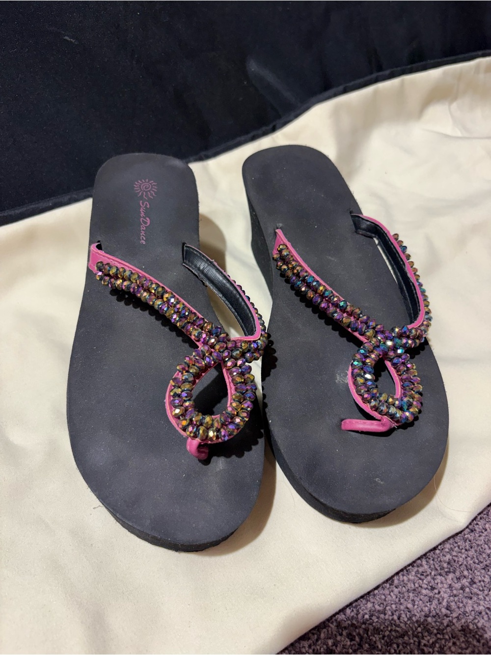 Sundance Black Sandals with Pink Multicolor Beaded Straps